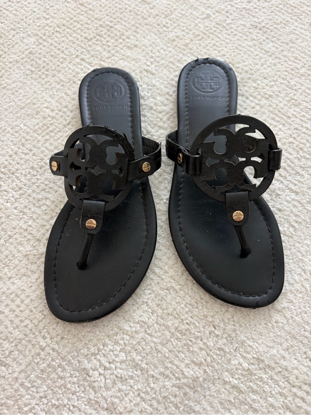 Tory Burch Black Logo Thong Sandals with Gold Accents